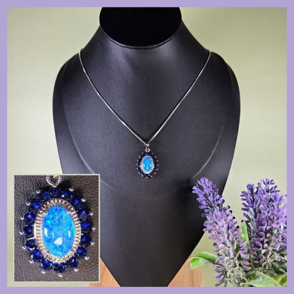 Synthetic Australian Opal‎ & Blue Crystal Pendant Necklace (NWOT)